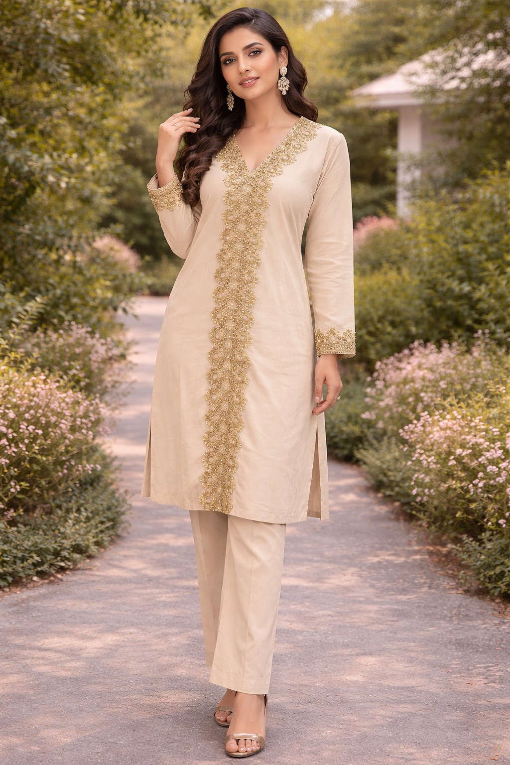 (103) Embroidered Co-ord | Diamanté Easy-Flow viscose Set Comfy Pocket Trousers