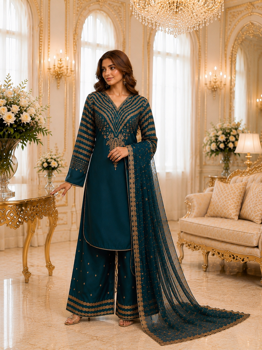 (291) Viscose Palazzo Suit | Gold Thread & Sequin Embroidery