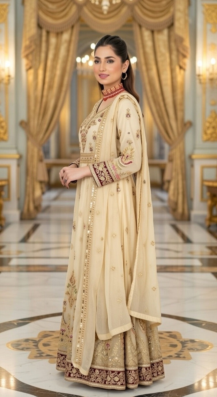 (107) Elegant Pakistani beige Crinkle Chiffon Long anarkali 3-Piece Suit with Gold Diamante Accents and Fine Gold Thread Embroidery