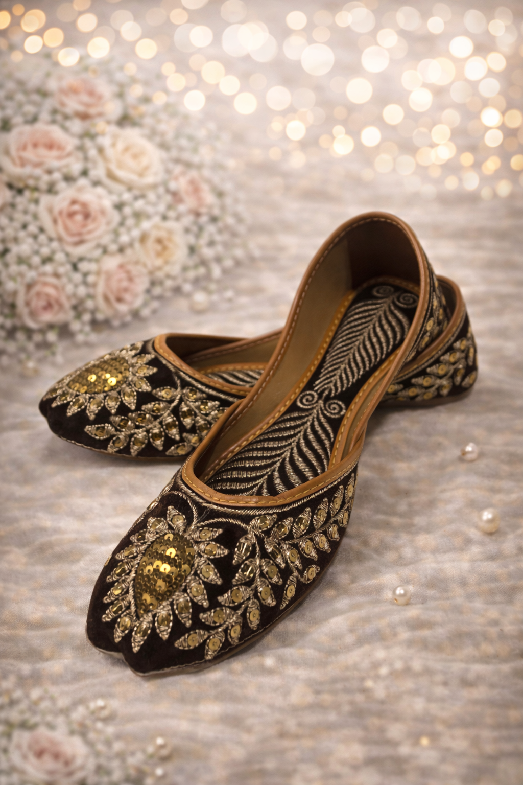 (S9) Handmade Suede Brown Khussa – Gold Embroidered Punjabi Jutti with Soft Foam & Non-Slip Sole
