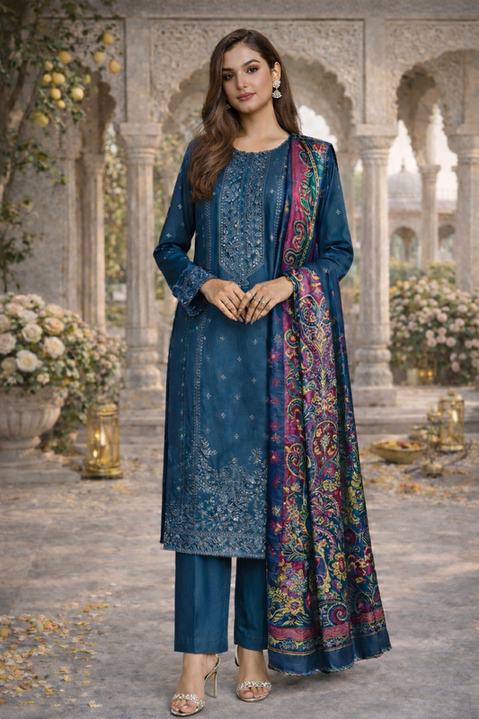 (158) Luxury Pakistani Dhanak Embroidered Suit & Digital Printed Shawl