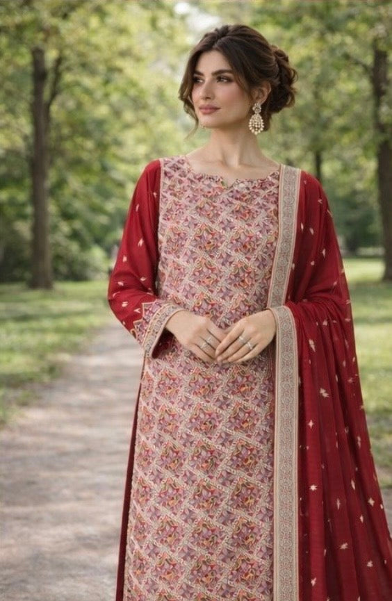(360) Elegant red fancy zari lawn suit, ready-to-wear, beautifully crafted with intricate detailing and paired with a four-sided (chaar patti) richly embroidered dupatta for a complete graceful look.