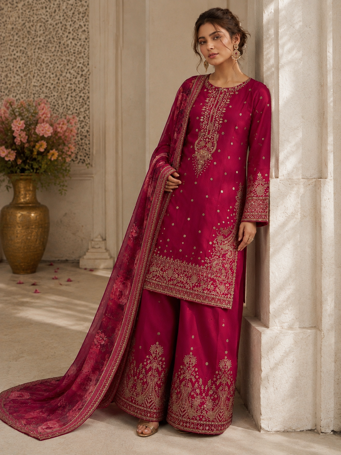 (175) Elegant shocking pink gold thread embroidered sequin chiffon fully lined plazzo organza floral dupatta ready to wear suit