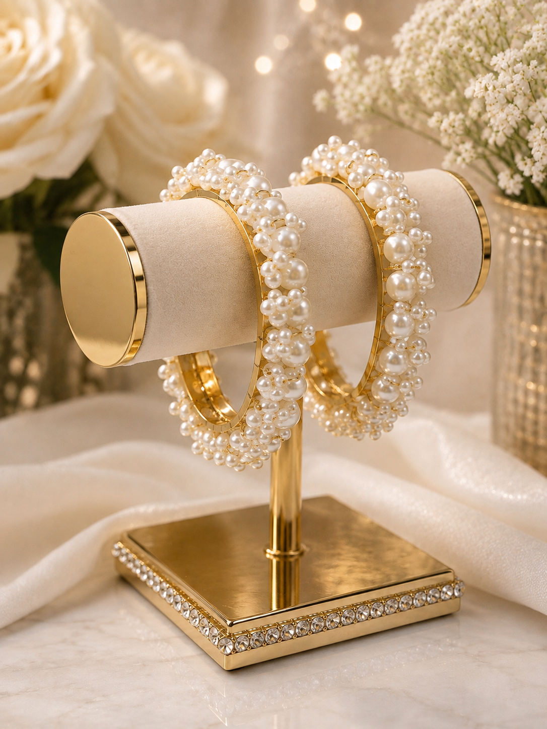 (B21) Elegant pearl statement bangles featuring beautiful clusters of lustrous ivory pearls set on a polished gold-tone base. A luxurious, eye-catching design  size 2.8
