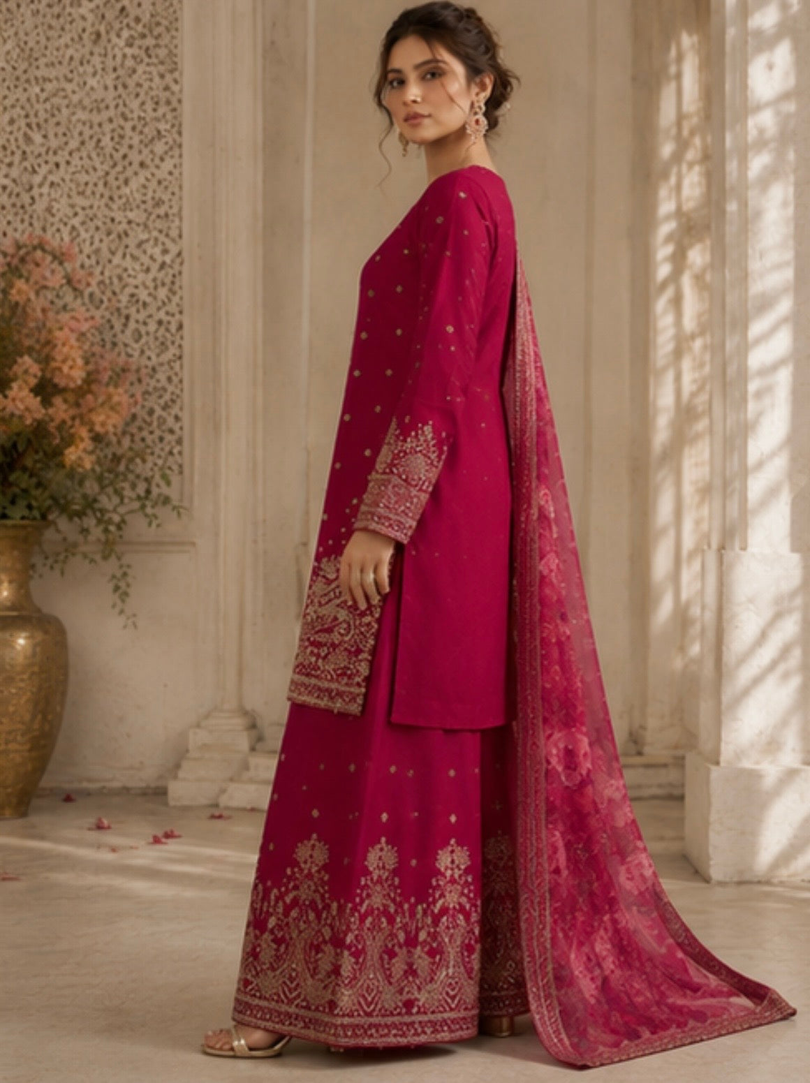 (175) Elegant shocking pink gold thread embroidered sequin chiffon fully lined plazzo organza floral dupatta ready to wear suit
