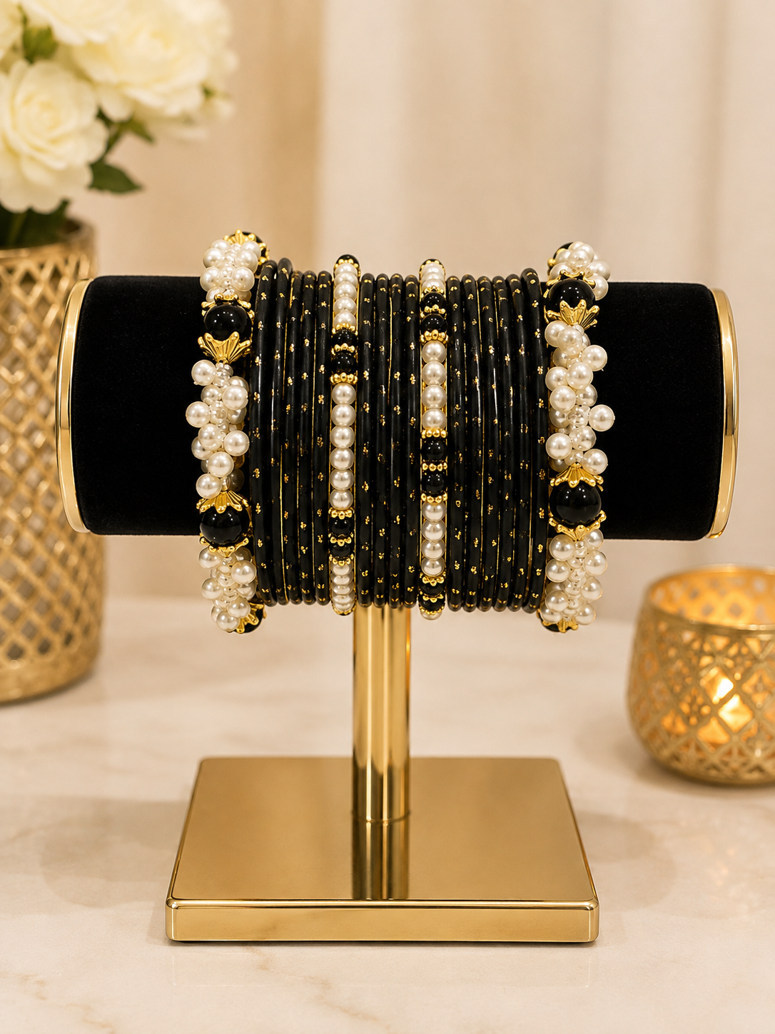 (B17) Elegant black and gold bangle set featuring delicate gold detailing, glossy black beads and beautiful pearl clusters. A striking traditional design size 2.4
