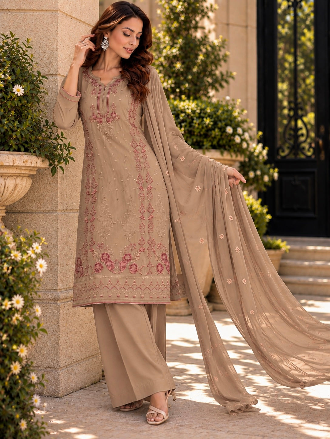 (362) Abeeha beige/taupe Viscose Floral Embroidered Suit 
A beautiful blend of comfort and elegance, soft viscose kameez with delicate floral embroidery, paired with a stunning Bamber dupatta