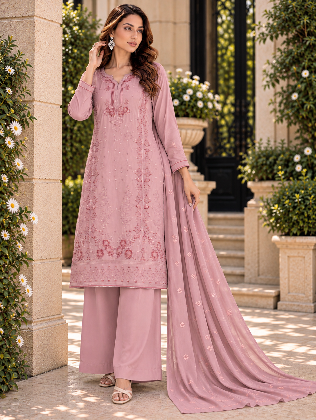 (360) Abeeha light pink Viscose Floral Embroidered Suit 
A beautiful blend of comfort and elegance, soft viscose kameez with delicate floral embroidery, paired with a stunning Bamber dupatta