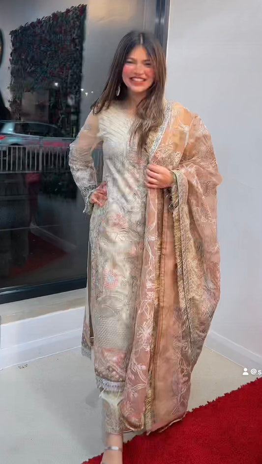 (67) Pakistani Pink & Cream Embroidered Chiffon Suit with Contrasting Dupatta