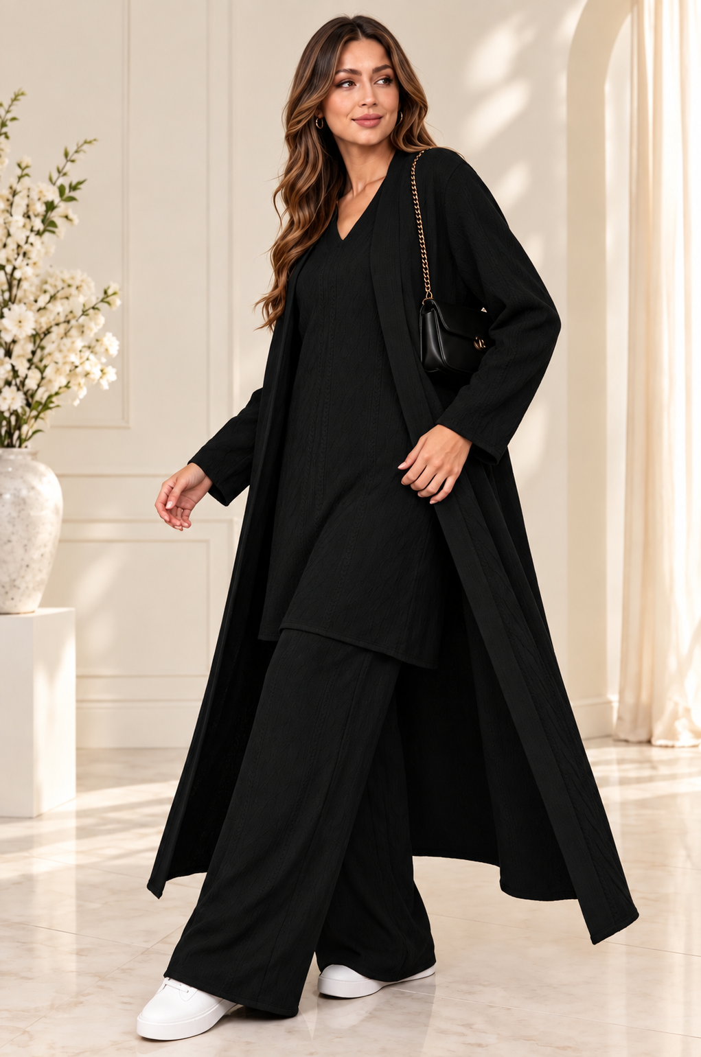 (375) Elegant 3-piece black one size textured knit co-ord set Featuring a flattering V-neck tunic, flowing wide-leg trousers and a matching longline open cardigan. stylish, comfortable effortlessly elegant outfit
