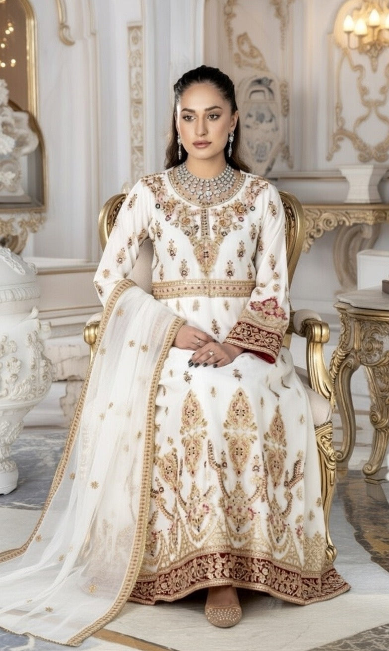 (116) Elegant white Pakistani Crinkle Chiffon Long anarkali 3-Piece Suit with Gold Diamante Accents and Fine Gold Thread Embroidery