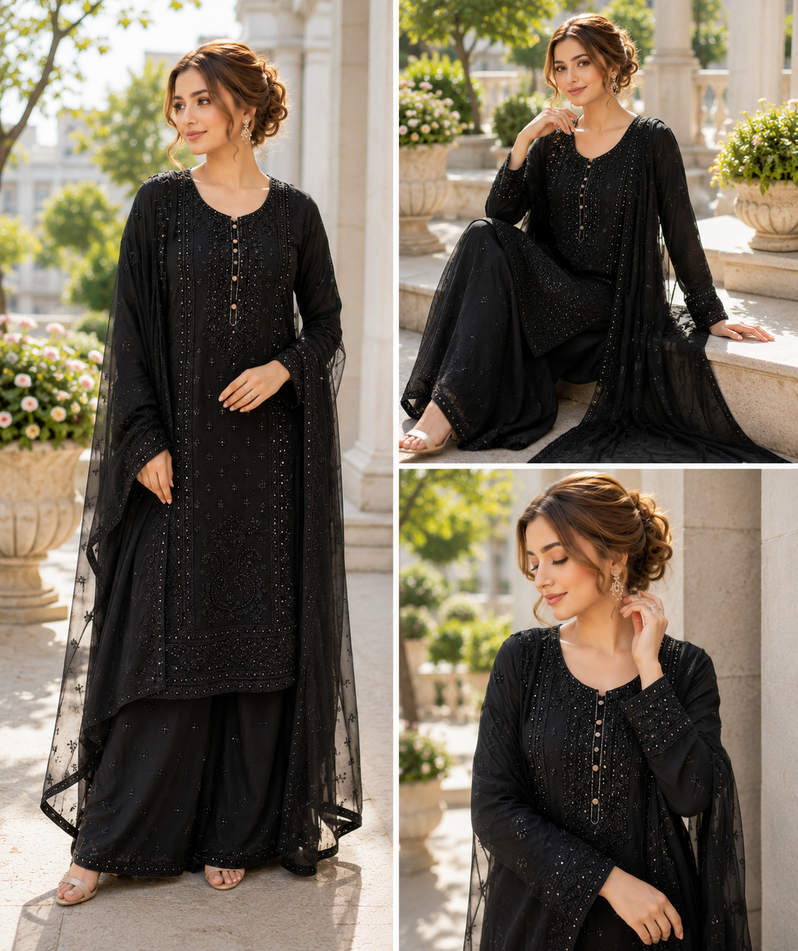 (237) Elegant Black Chiffon Suit | Mirror, Bead & Sequin Embroidery