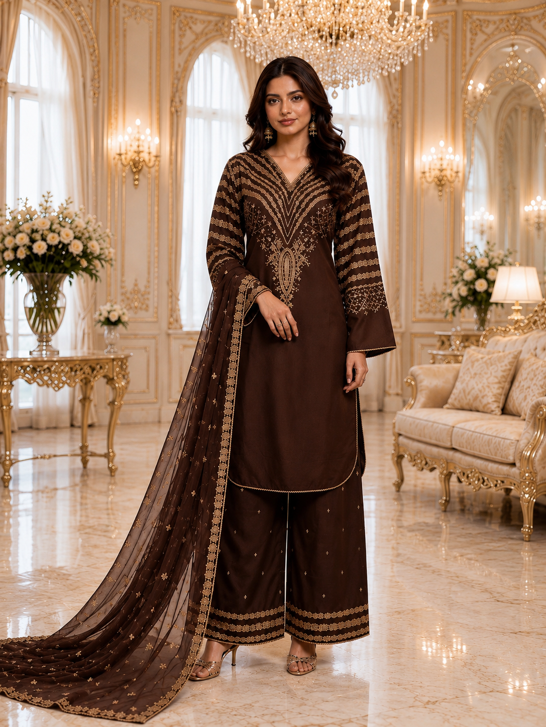 (296) Brown Viscose Palazzo Suit | Gold Thread & Sequin Embroidery