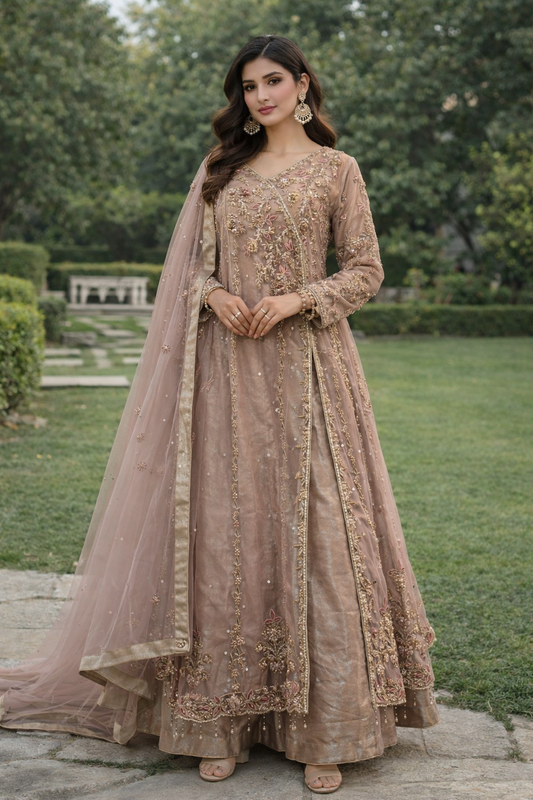 (216) Elegant Wedding Party 3-Piece Suit with Organza Dupatta & Hand Embroidery