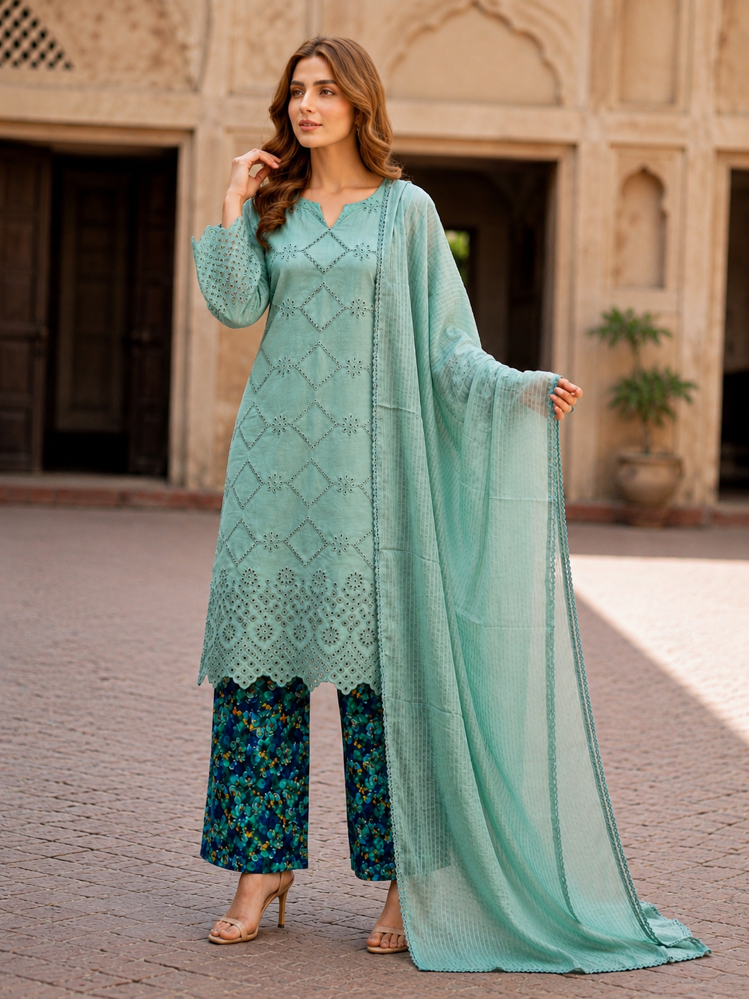 (225) Chikankari Embroidered Lawn Suit with Matching Dupatta & Palazzo Trousers – Perfect Comfy Summer Wear