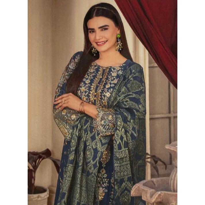 (213) Ladies Pakistani Teal Suit with Intricate Gold Embroidery & Palazzo Trousers