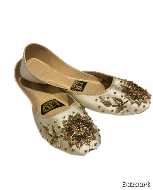 (S15) Handmade Satin Khusa – Gold Embroidered Punjabi Jutti with Soft Foam Comfort