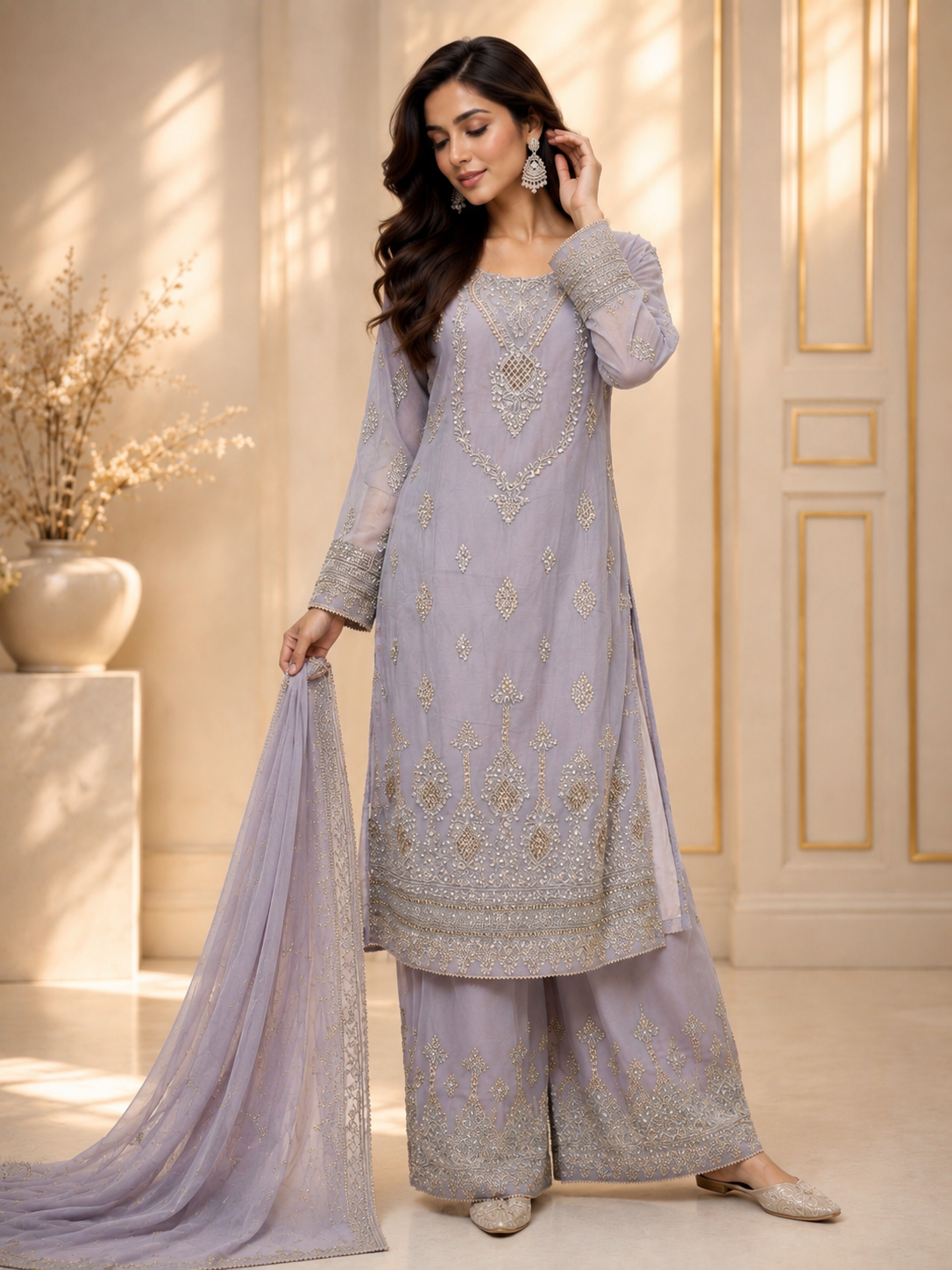 (284) Elegant Chiffon Palazzo Suit | Pearl & Diamante Gold Embroidery