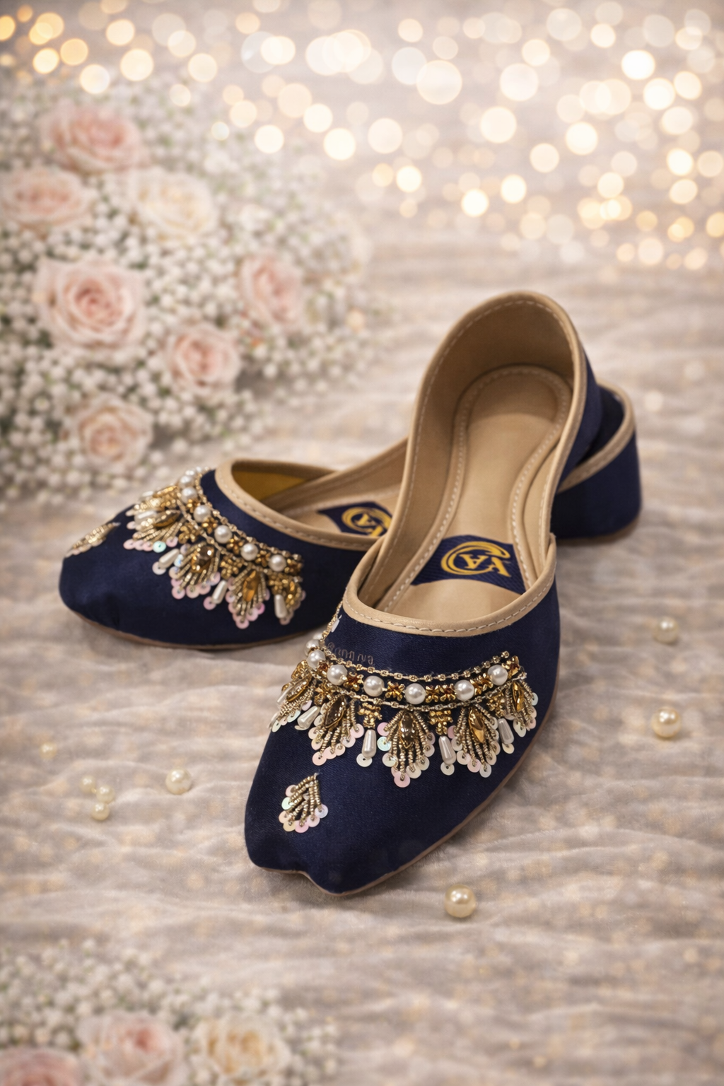 (S10) Handmade Satin Khusa – Gold Embroidered Punjabi Jutti with Soft Foam Comfort