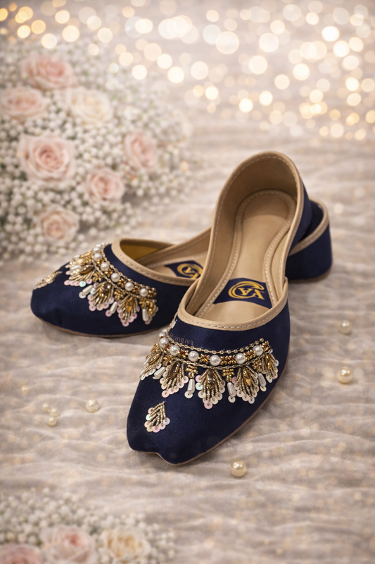 (S10) Handmade Satin Khusa – Gold Embroidered Punjabi Jutti with Soft Foam Comfort