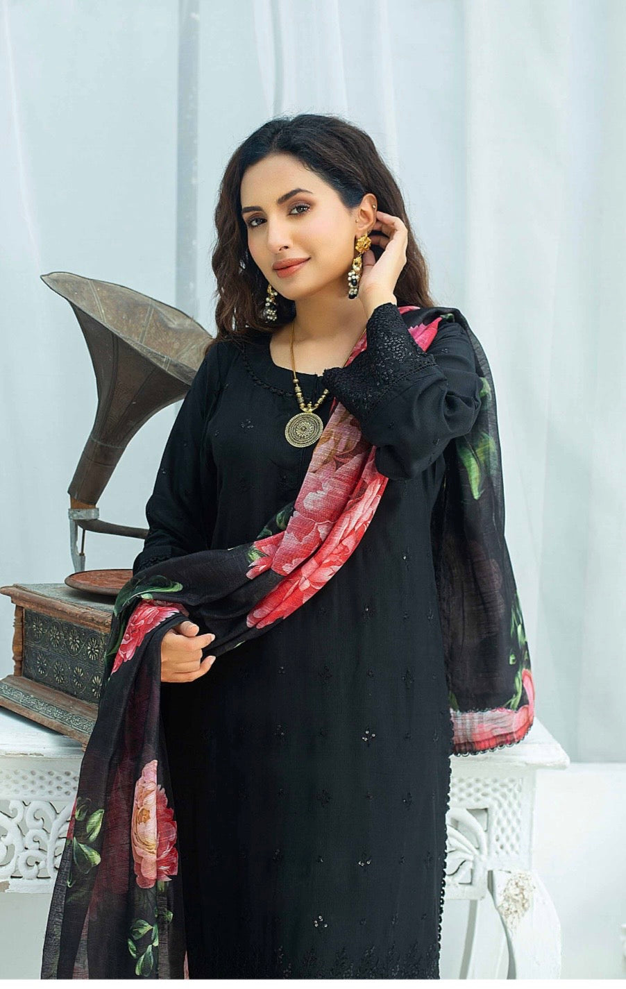 (345) Pakistani Viscose Chikankari Suit | Sequin & Floral Dupatta