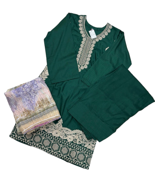 (146) Pakistani Viscose Farshi Shalwar Suit | Ready-to-Wear with Gold Threaded Dupatta