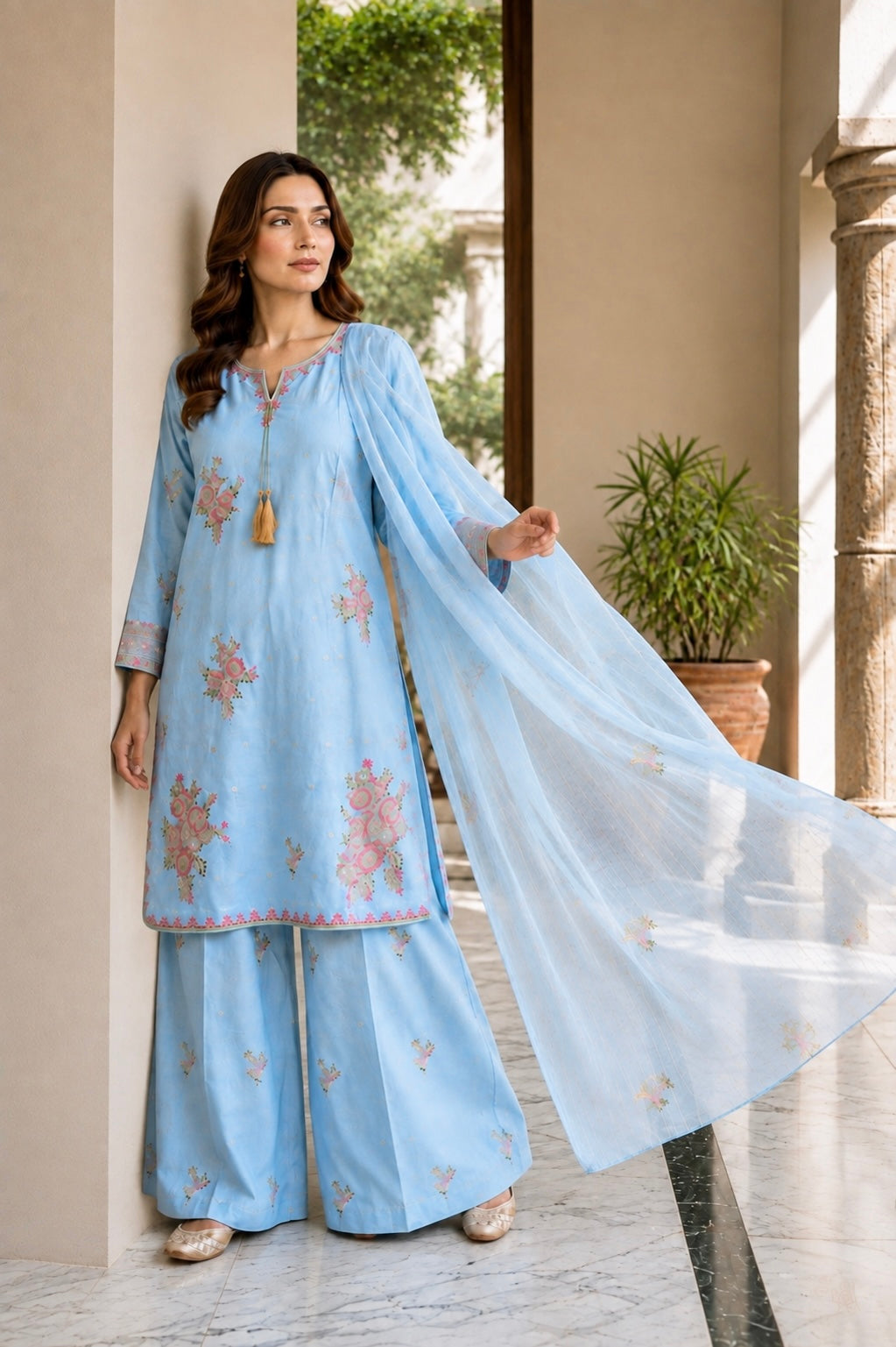 (355) Abeeha Elegant Light blue Viscose Suit – A beautifully designed rounded kameez featuring delicate gold thread floral embroidery, paired with stylish palazzo trousers and a soft bamber dupatta.
