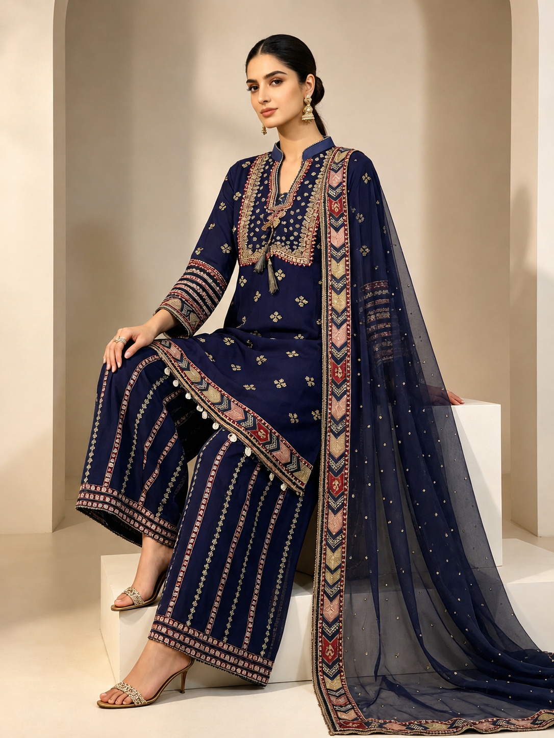 (145) Elegant navy ethnic chiffon plazzo fully lined outfit gold trim contrast colour embroidered ready to wear