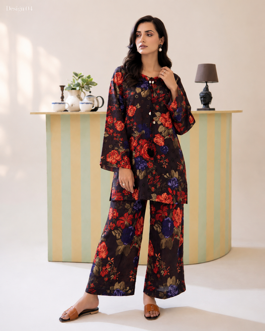 (62) Adan’s schiffli chickankari printed voil lawn shirt lawn trousers co ord set