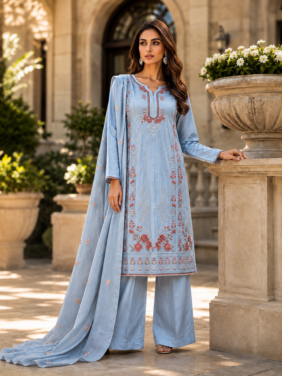 (357) Abeeha light blue suit features a soft, comfortable viscose kameez beautifully finished with delicate floral embroidery. Paired with coordinating trousers and a stunning lightweight Bamber dupatta, it’s the perfect