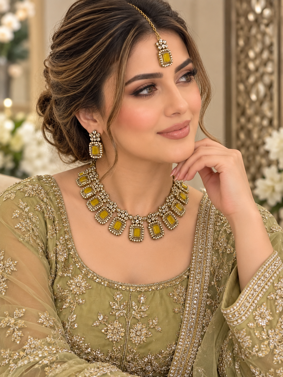 (J3) Elegant gold-toned jewellery set with mustard stones and sparkling crystals, complete with necklace, earrings and tikka