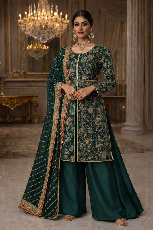 (79) Pakistani heavy embroidered sequins gold threaded organza dupatta satin wide leg plazzo trousers ready to wear three piece suit