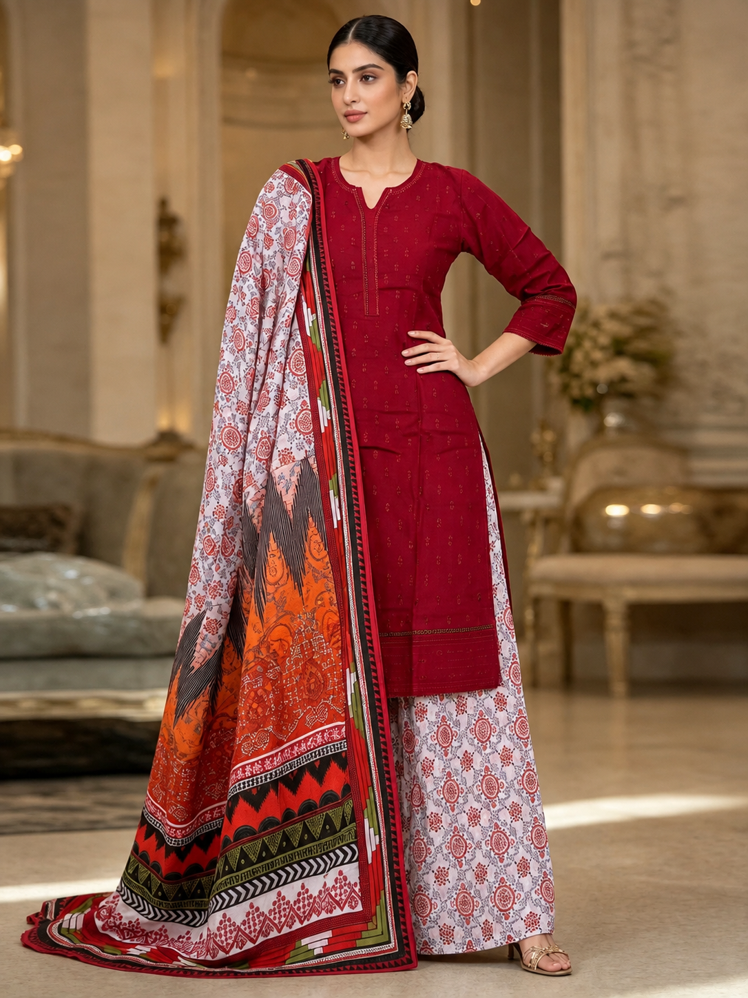 (87) Elegant contrast cotton chickankari sequin lace embroidered printed plazzo trousers ready to wear