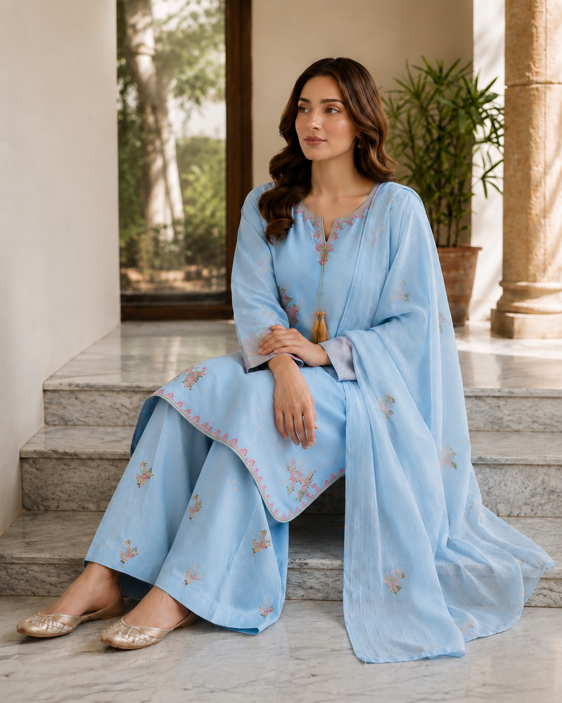 (355) Abeeha Elegant Light blue Viscose Suit – A beautifully designed rounded kameez featuring delicate gold thread floral embroidery, paired with stylish palazzo trousers and a soft bamber dupatta.
