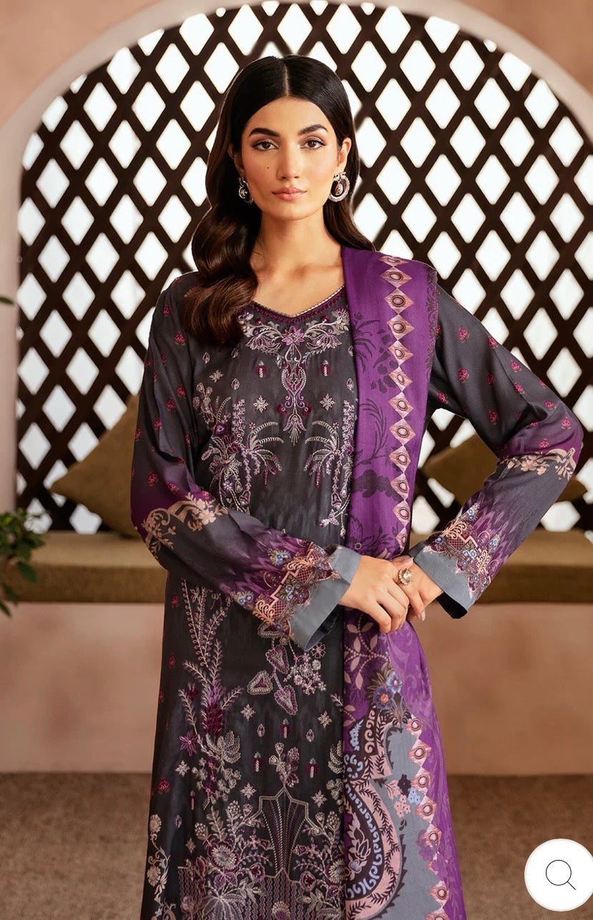 (195) Riwaj by Ramsha Viscose Embroidered Suit with Printed Dupatta
