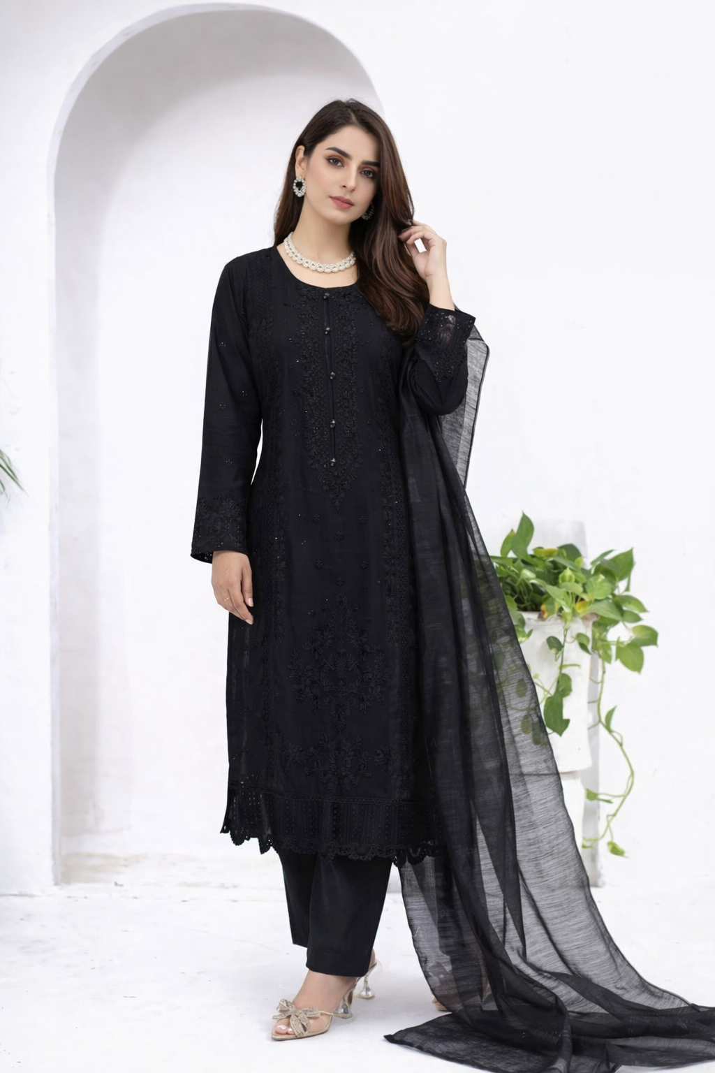 (348) Black Chikankari Viscose Suit | Sequin Embroidery | Ready to Wear