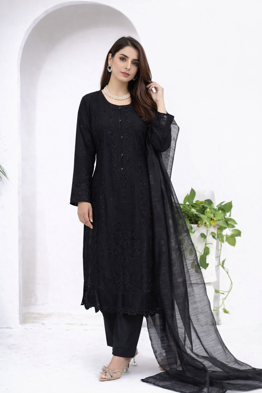 (348) Black Chikankari Viscose Suit | Sequin Embroidery | Ready to Wear