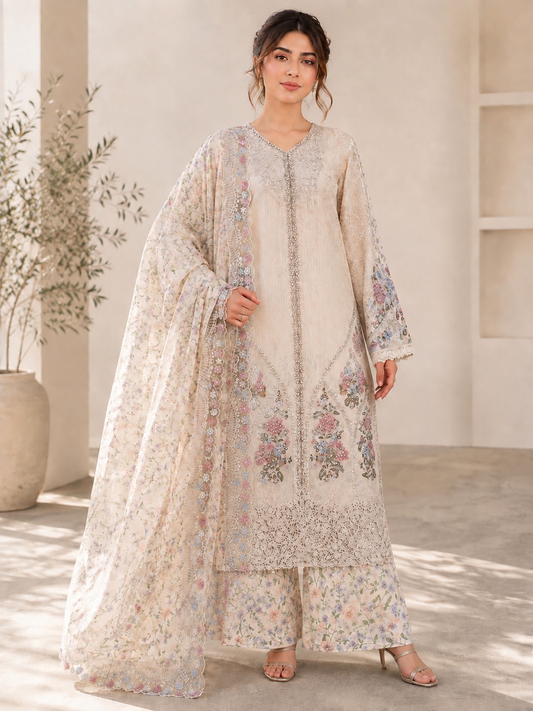 (129) Maria b chiffons inspired lace beaded diamonte neck floral chiffon kameez chiffon duppatta ready to wear