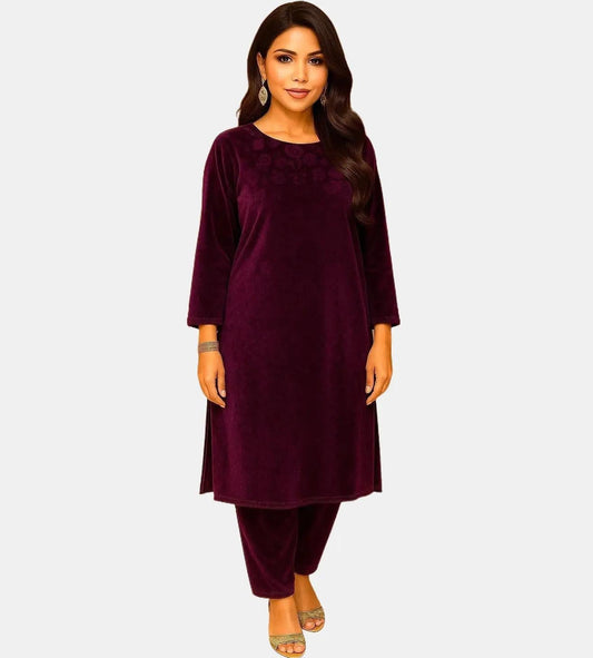(59) Pakistani Maroon Velvet Printed Comfy 2-Piece Ready-to-Wear Suit