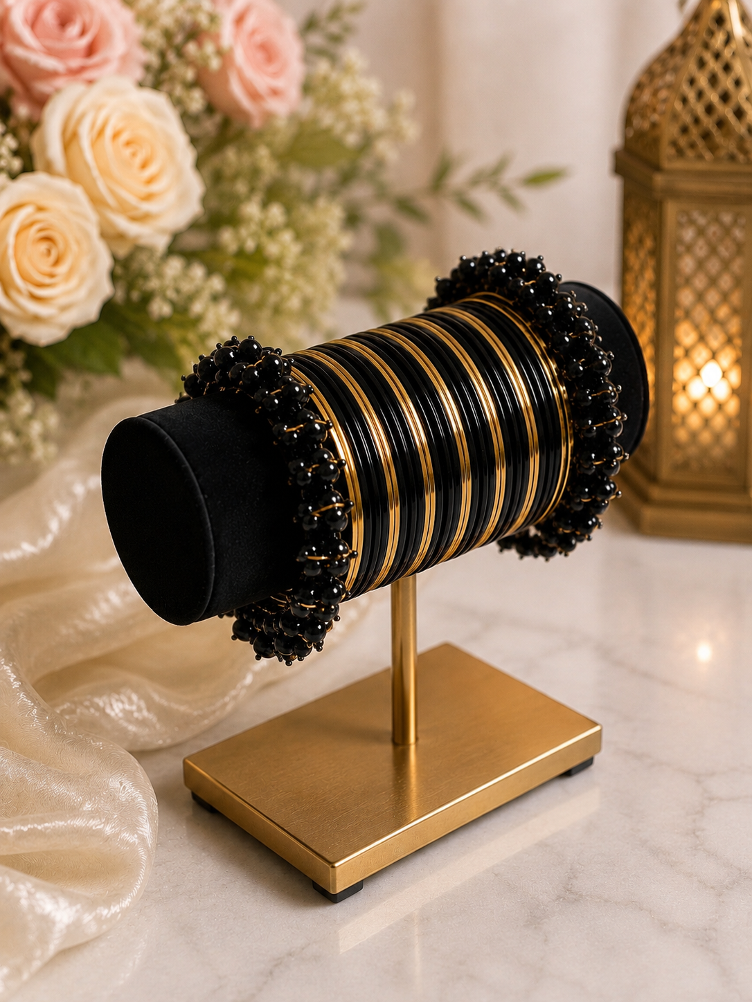 (B6) Elegant black & gold bangle set featuring sleek metallic detailing and beautiful black beaded accents size 2.8