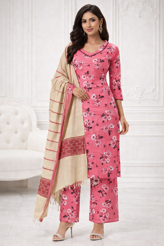 (30) Pakistani Printed Soft Khaddar Winter Suit with Elegant Gold-Thread Shawl