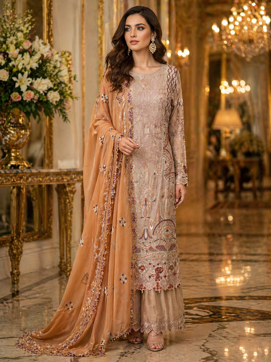 (122) Ramsha vol.27 Step into elegance with this stunning chiffon embroidered ready-made suit from Ramsha Collection Beautifully crafted with intricate embroidery, premium chiffon fabric