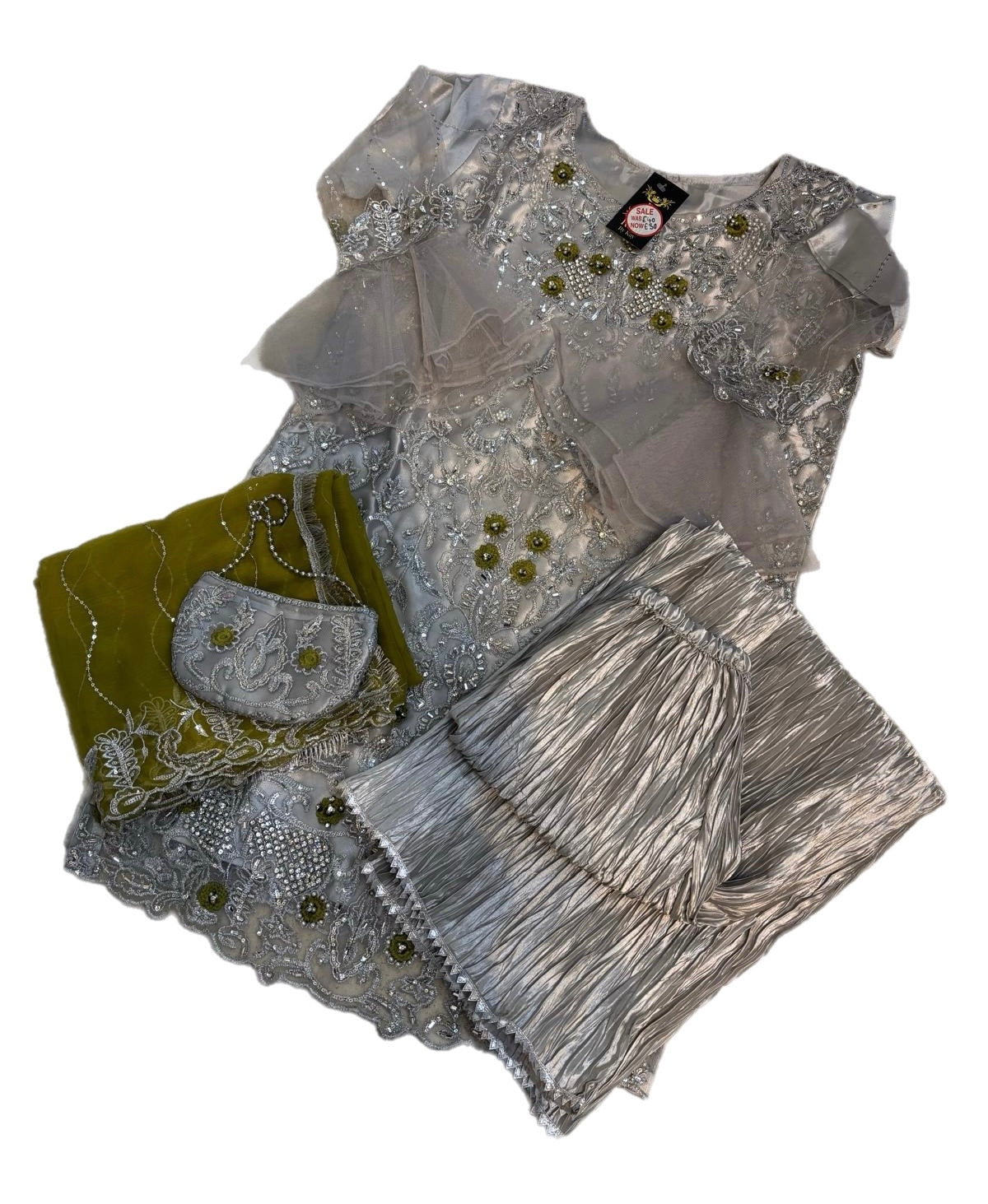(30) Lime Green Satin Crinkle Palazzo Set | Diamanté & Sequin Embellished Shirt | One Size Fits Up to Large