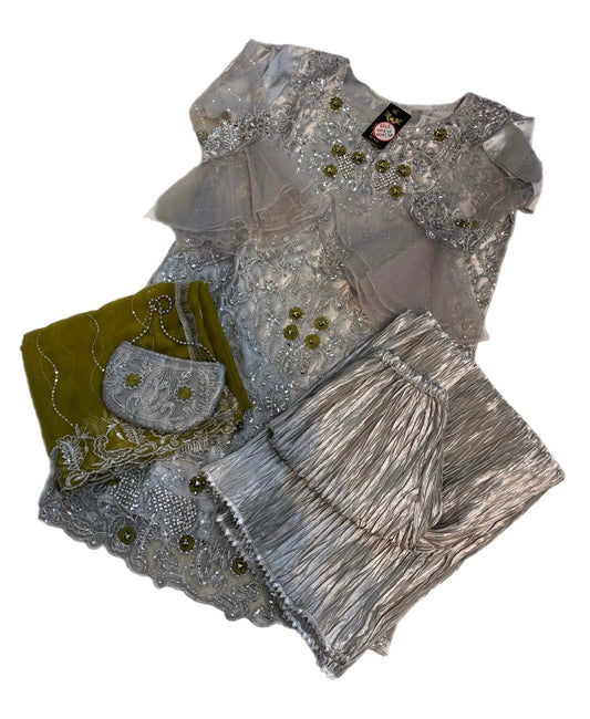 (30) Lime Green Satin Crinkle Palazzo Set | Diamanté & Sequin Embellished Shirt | One Size Fits Up to Large