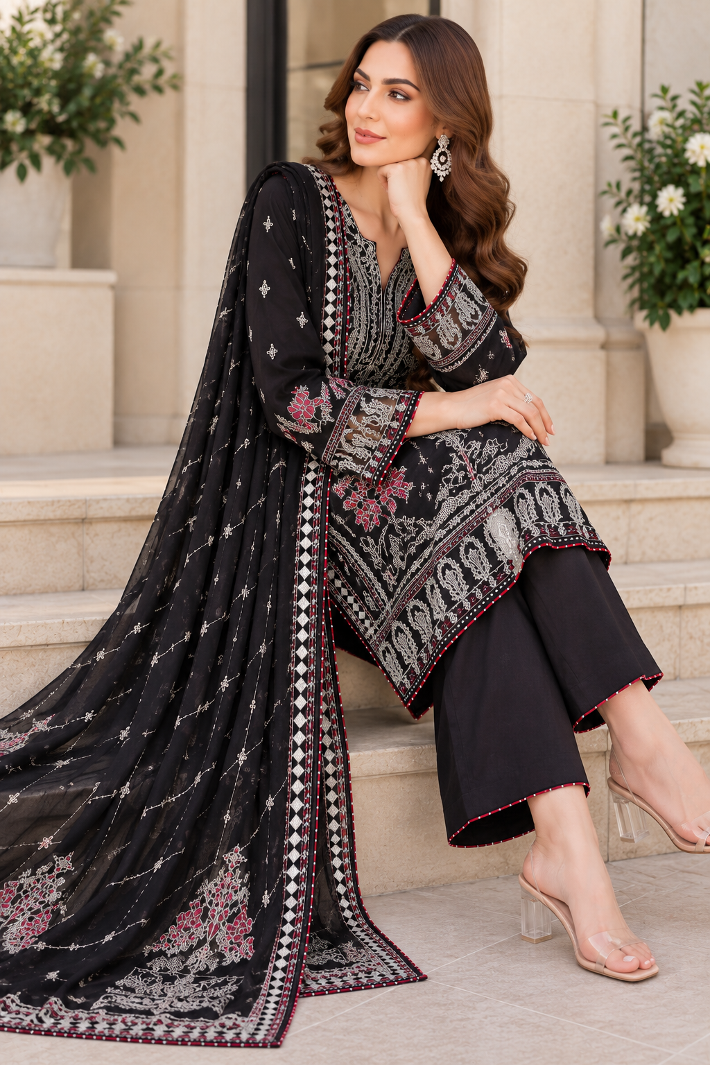 (371) Ramsha Black Raw Silk Suit delicate silver embroidered chiffon duppatta ready to wear