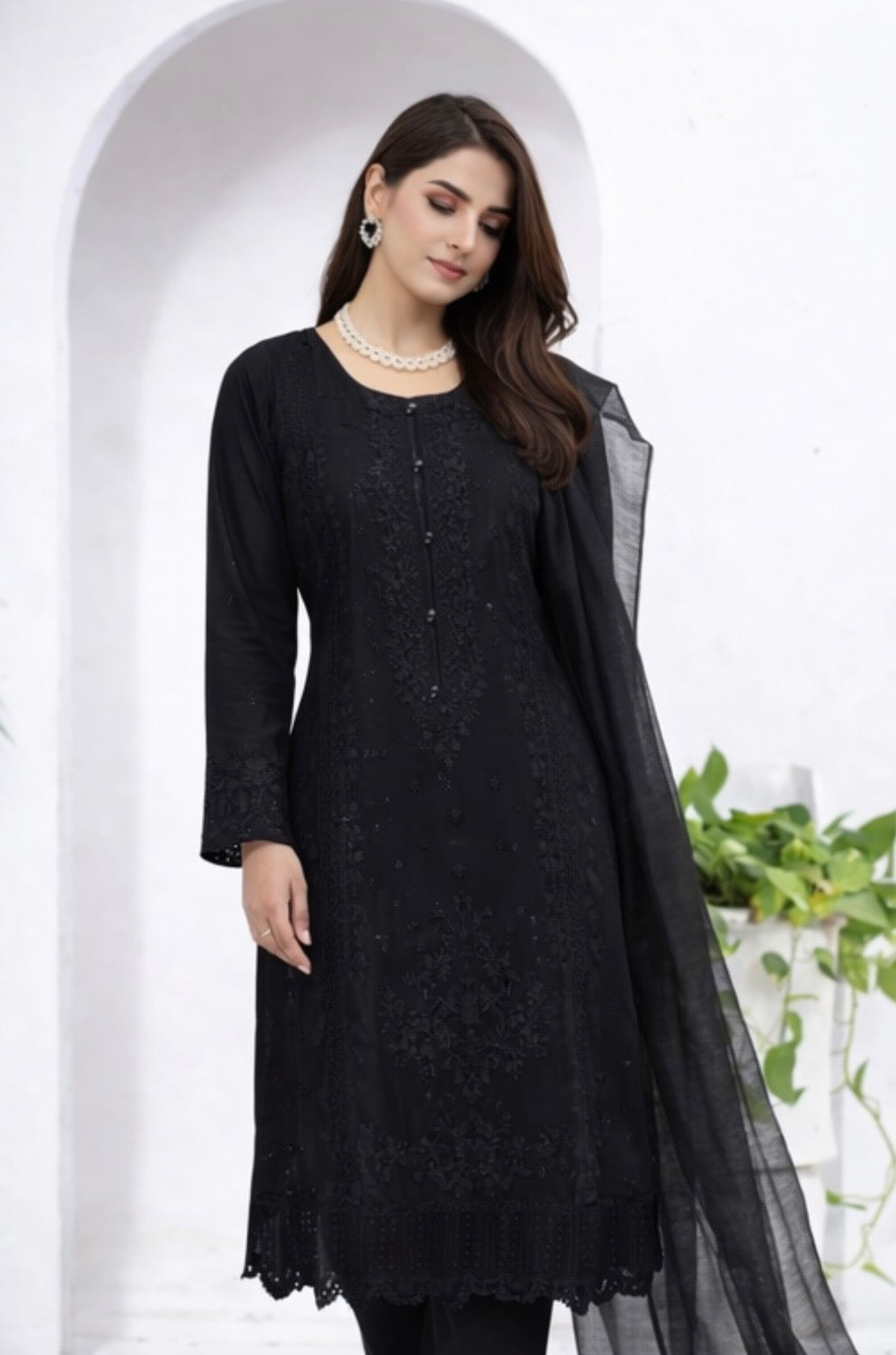 (348) Black Chikankari Viscose Suit | Sequin Embroidery | Ready to Wear