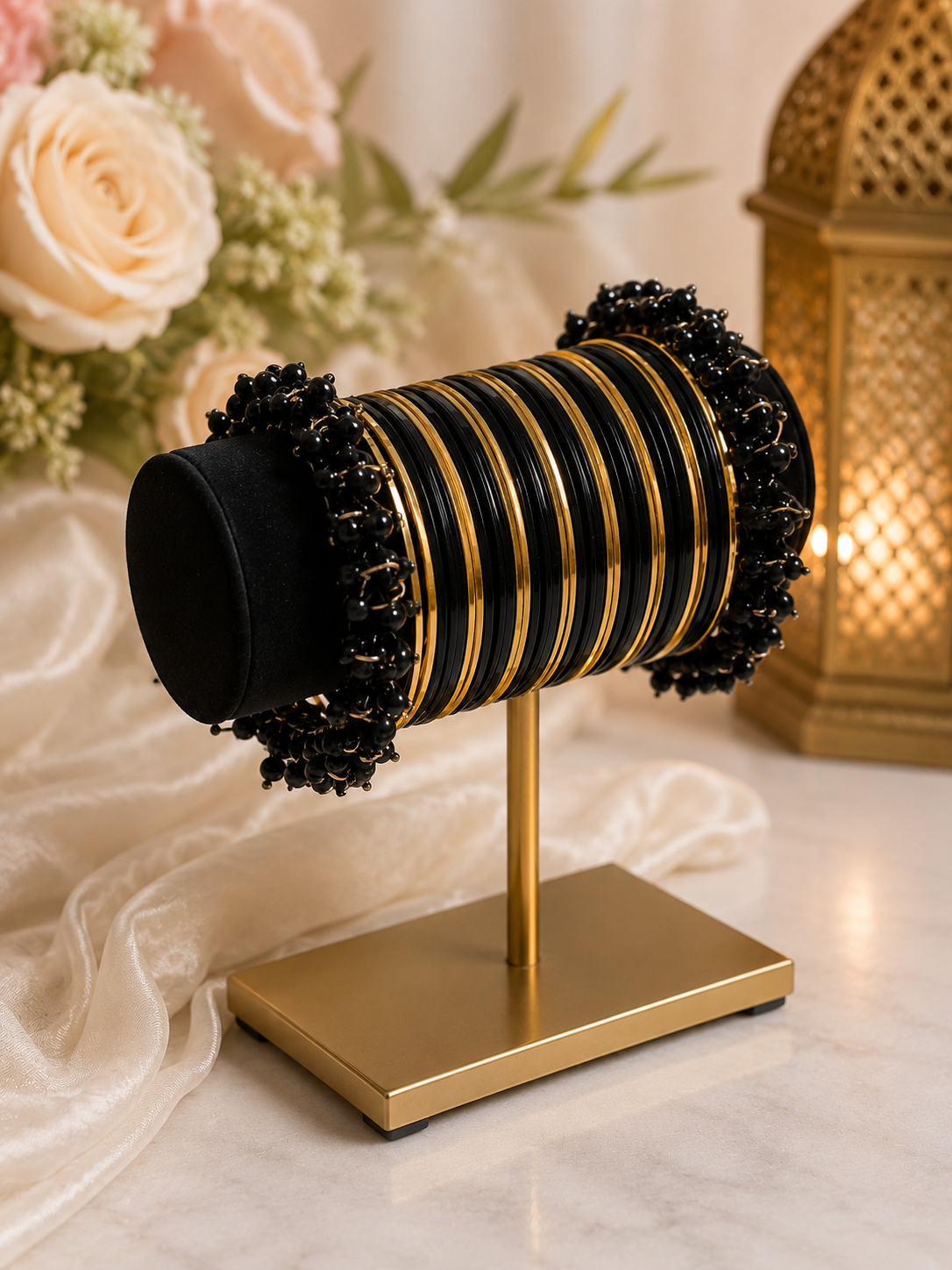 (B6) Elegant black & gold bangle set featuring sleek metallic detailing and beautiful black beaded accents size 2.8