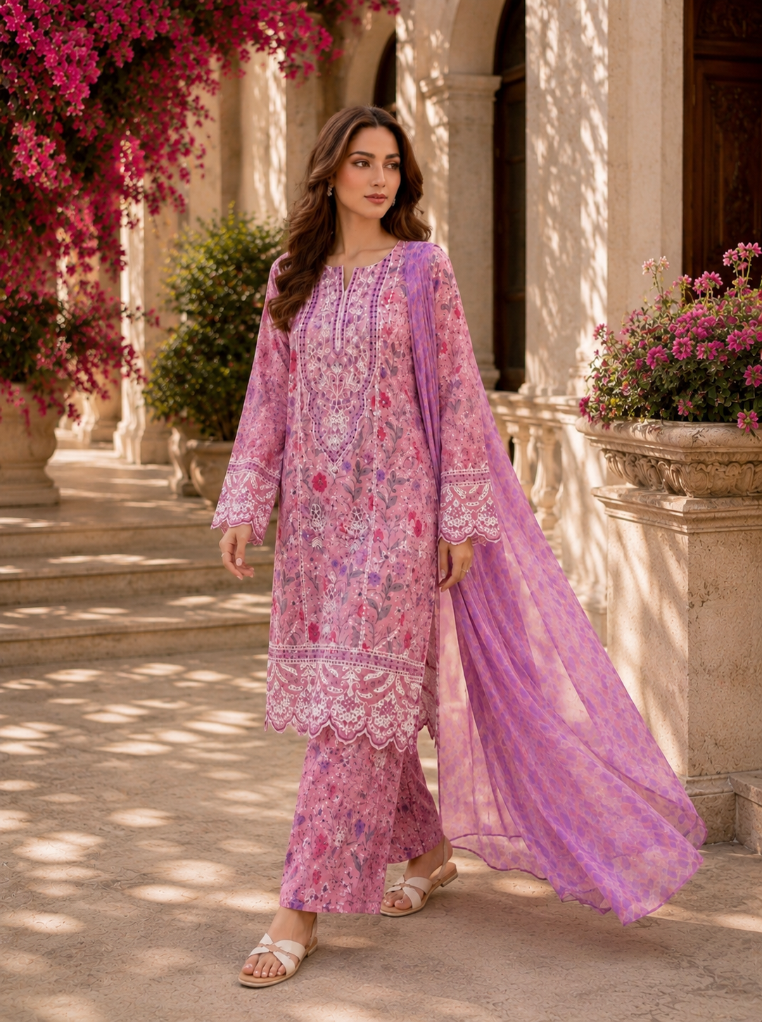 (210) Adan’s Libas Printed Lawn Suit | Lace Embroidery & Voile Dupatta