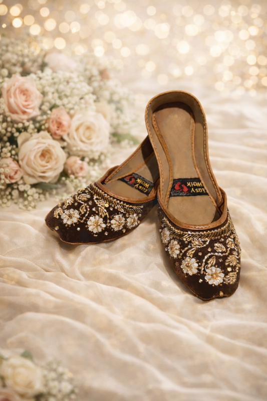 (S6) Handmade Suede Brown Khussa – Gold Embroidered Punjabi Jutti with Soft Foam & Non-Slip Sole