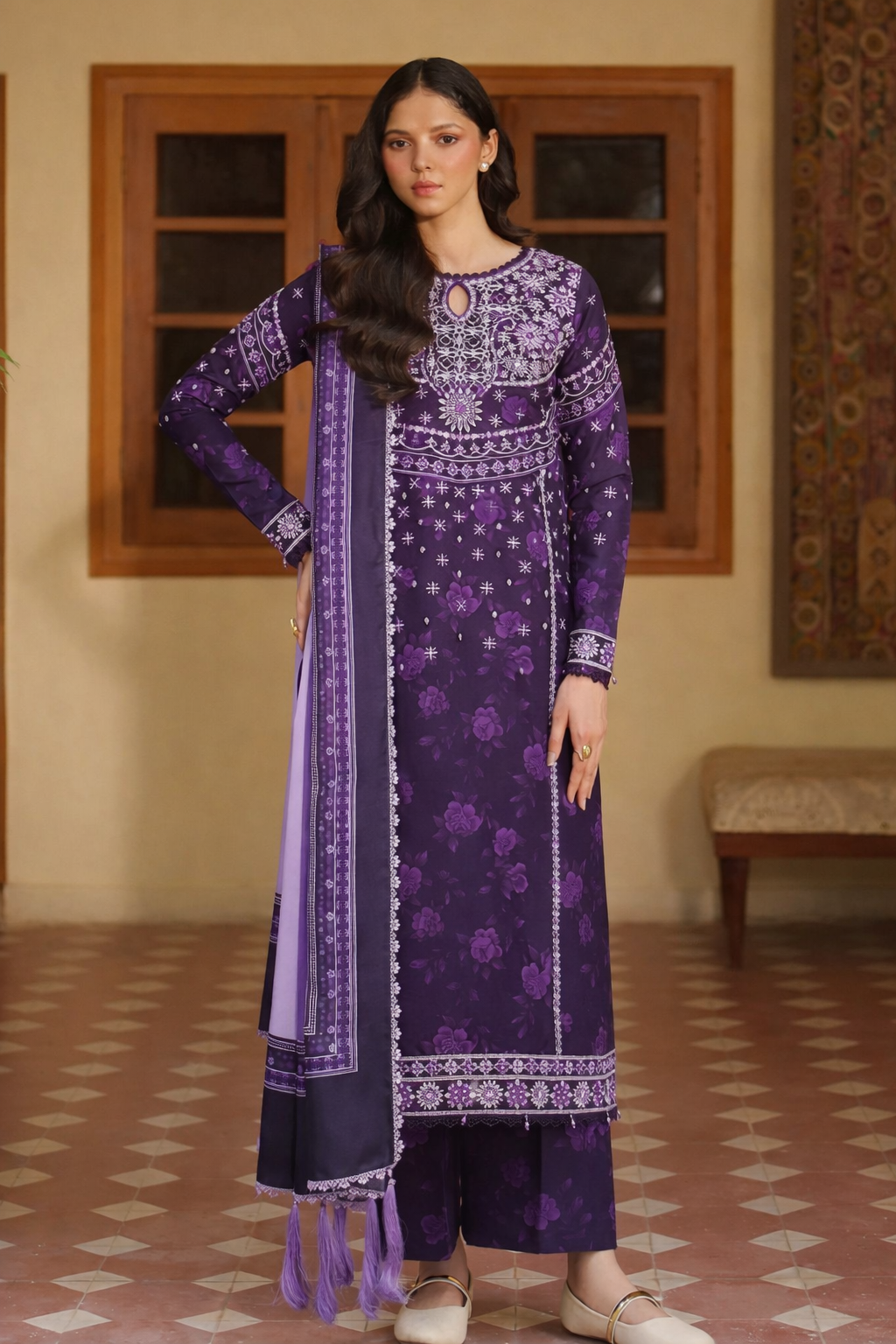 (194) Farasha meline powder plum  digital printed premium viscose digital printed viscose twill shawl ready to wear